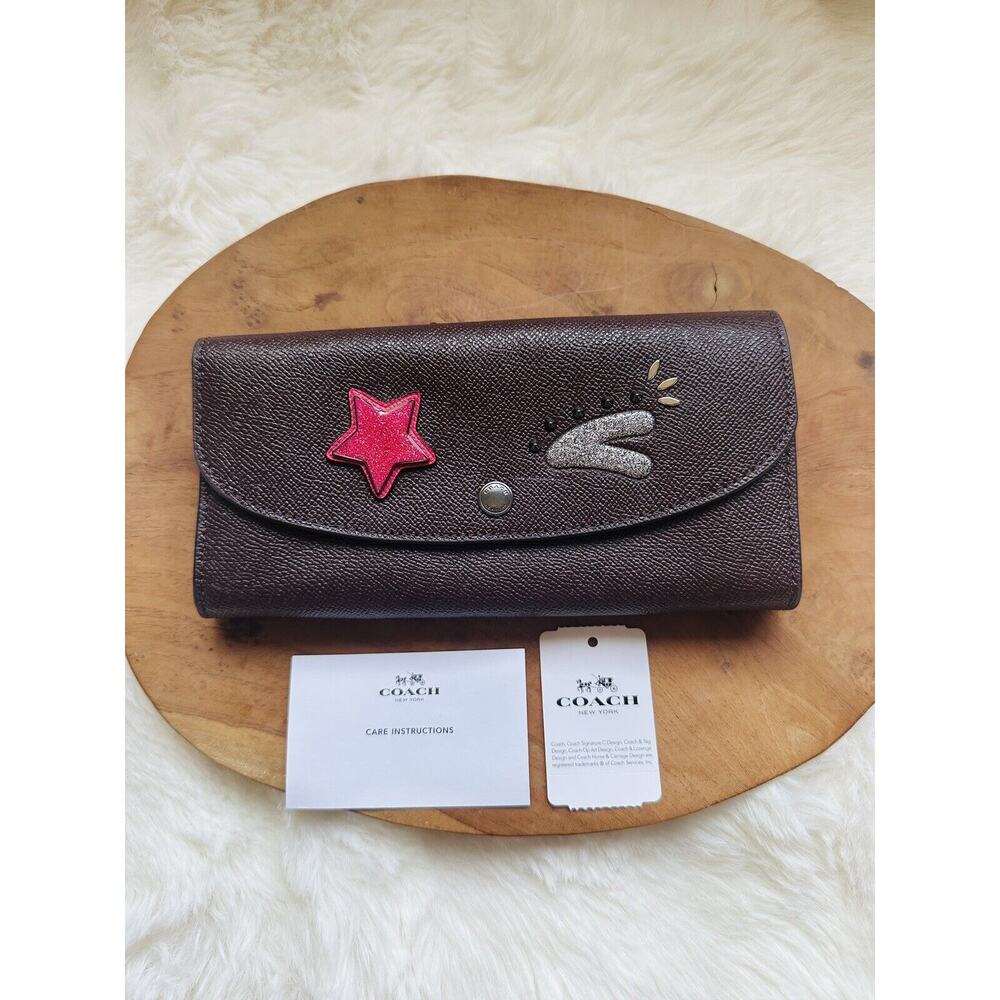 NWD Coach Slim Envelope Leather Wallet With Coach Bear Emoji Oxblood $275 DEFECT